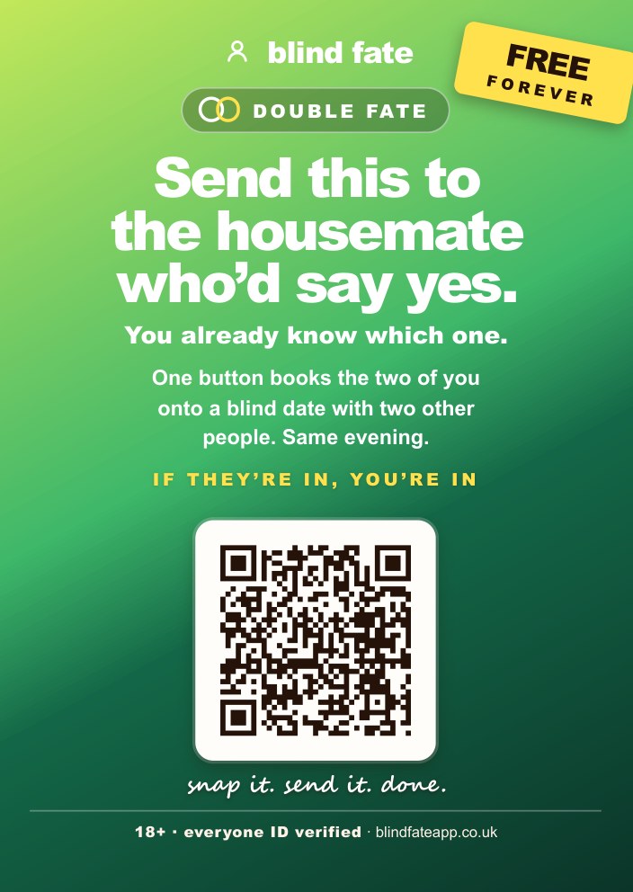 Card: Send this to the housemate who'd say yes. Double Fate.